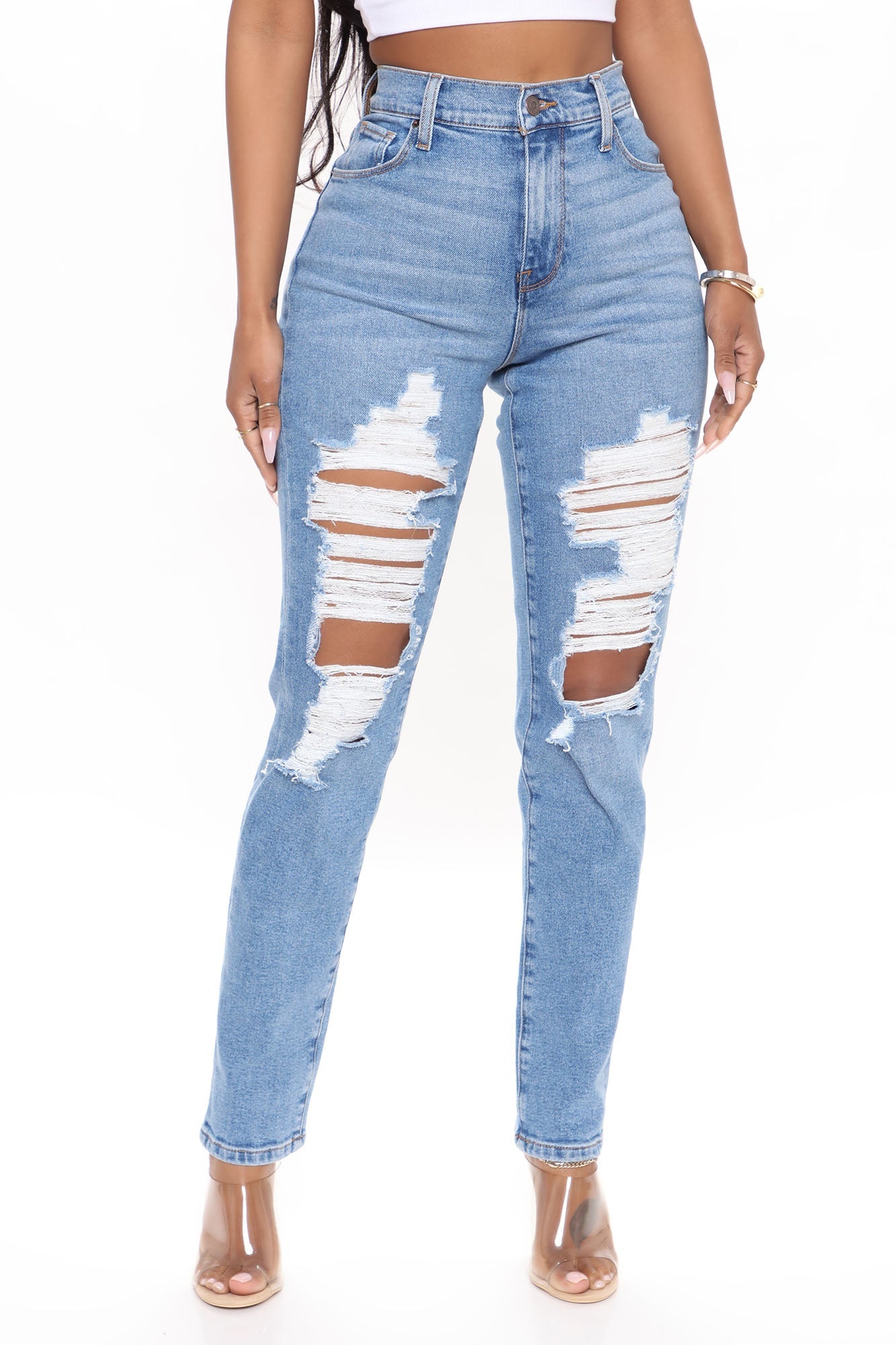 New Perspective Ripped Slim Mom Jeans - Medium Blue Wash Ins Street