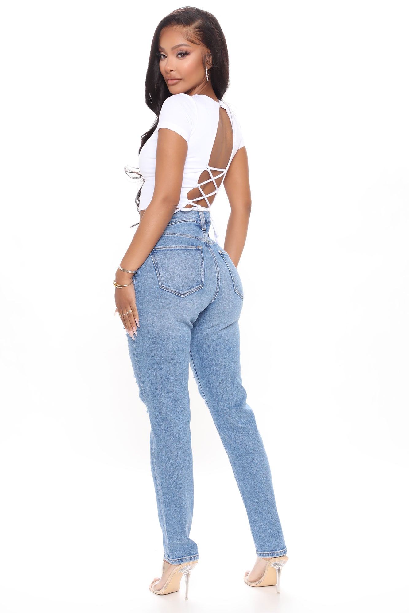 New Perspective Ripped Slim Mom Jeans - Medium Blue Wash Ins Street