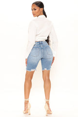 Do What You Feel Distressed Denim Bermudas - Medium Blue Wash Ins Street