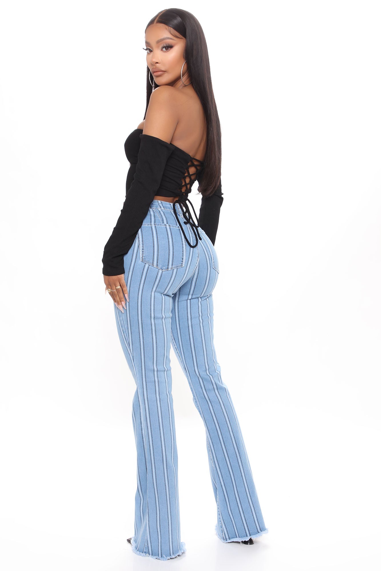 Valentina Stripe High Rise Flare Jeans - Medium Blue Wash Ins Street