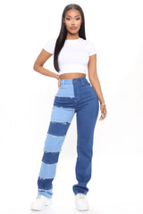 Breaking Barriers Patchwork Straight Leg Jeans - Medium Blue Wash Ins Street