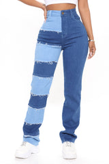 Breaking Barriers Patchwork Straight Leg Jeans - Medium Blue Wash Ins Street