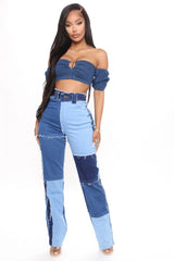 Piece Of Art Patchwork Straight Leg Jeans - Blue/combo Ins Street