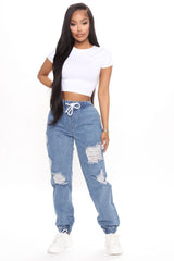 Take The Lead Ripped Denim Joggers - Medium Blue Wash Ins Street