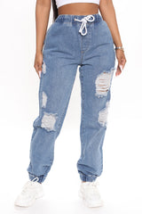 Take The Lead Ripped Denim Joggers - Medium Blue Wash Ins Street