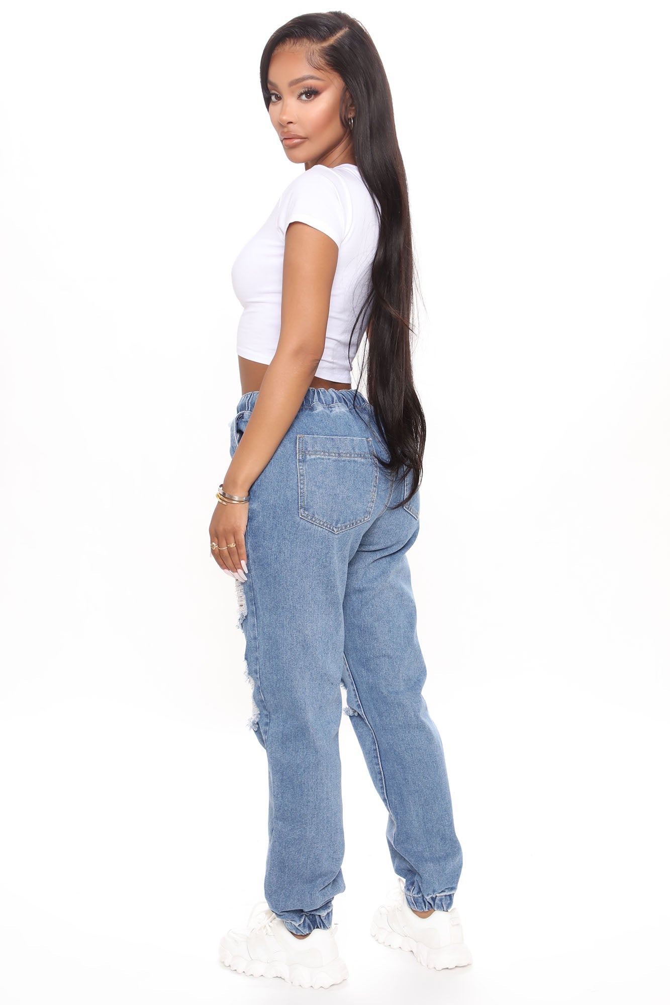 Take The Lead Ripped Denim Joggers - Medium Blue Wash Ins Street