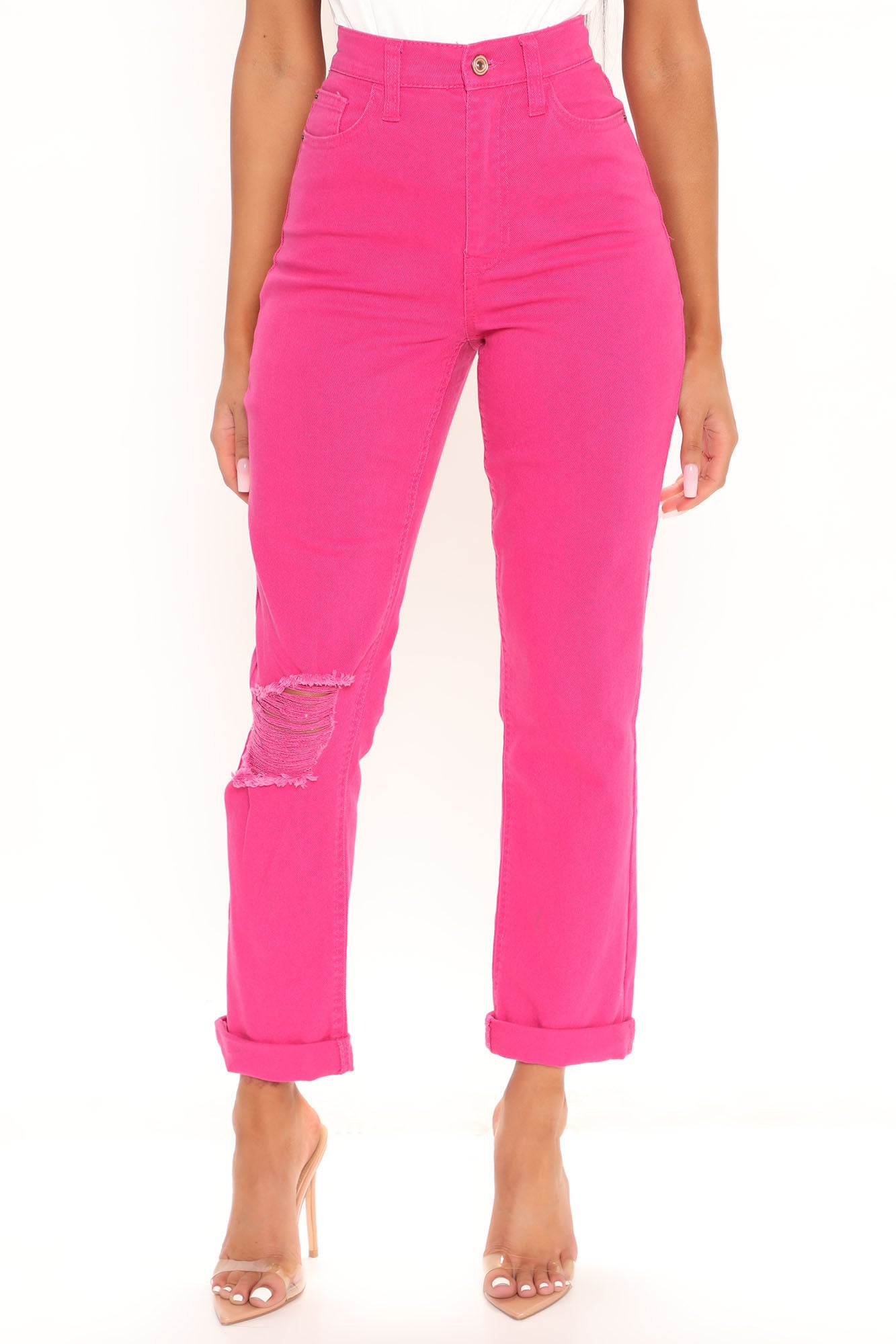 Just A Hint Ultra High Rise Roll Cuff Slim Straight - Fuchsia Ins Street
