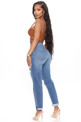 Hometown Cutie Destroyed Mom Jeans - Medium Blue Wash Ins Street