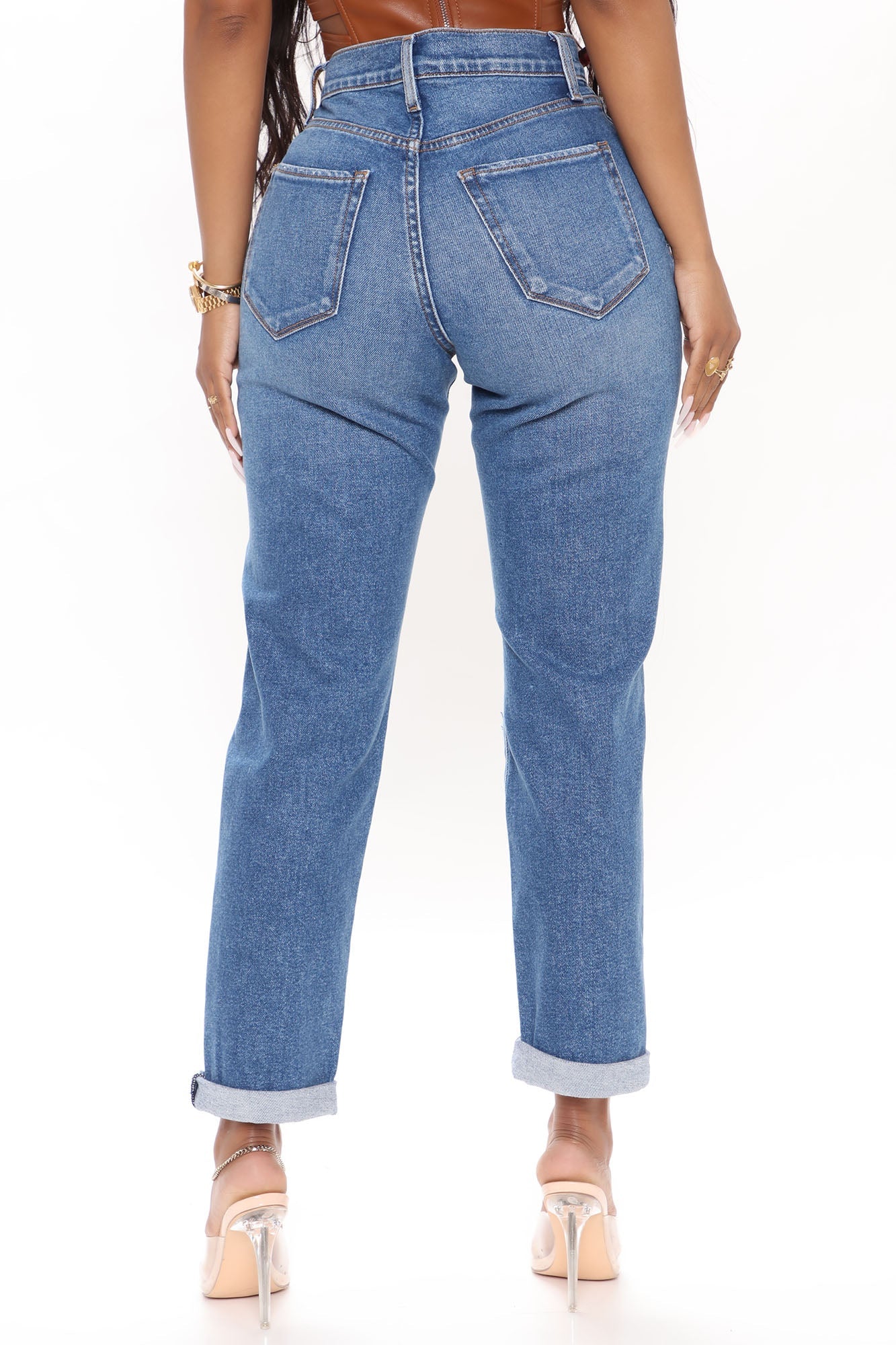 Hometown Cutie Destroyed Mom Jeans - Medium Blue Wash Ins Street