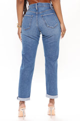 Hometown Cutie Destroyed Mom Jeans - Medium Blue Wash Ins Street