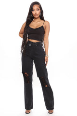 Distressed Crossover Straight Leg Jeans - Black Ins Street