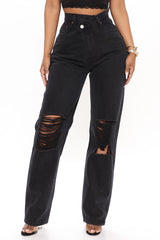 Distressed Crossover Straight Leg Jeans - Black Ins Street