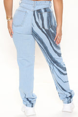 Abstract Print High Waist Straight Leg Jeans - Light Blue Wash Ins Street
