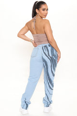 Abstract Print High Waist Straight Leg Jeans - Light Blue Wash Ins Street