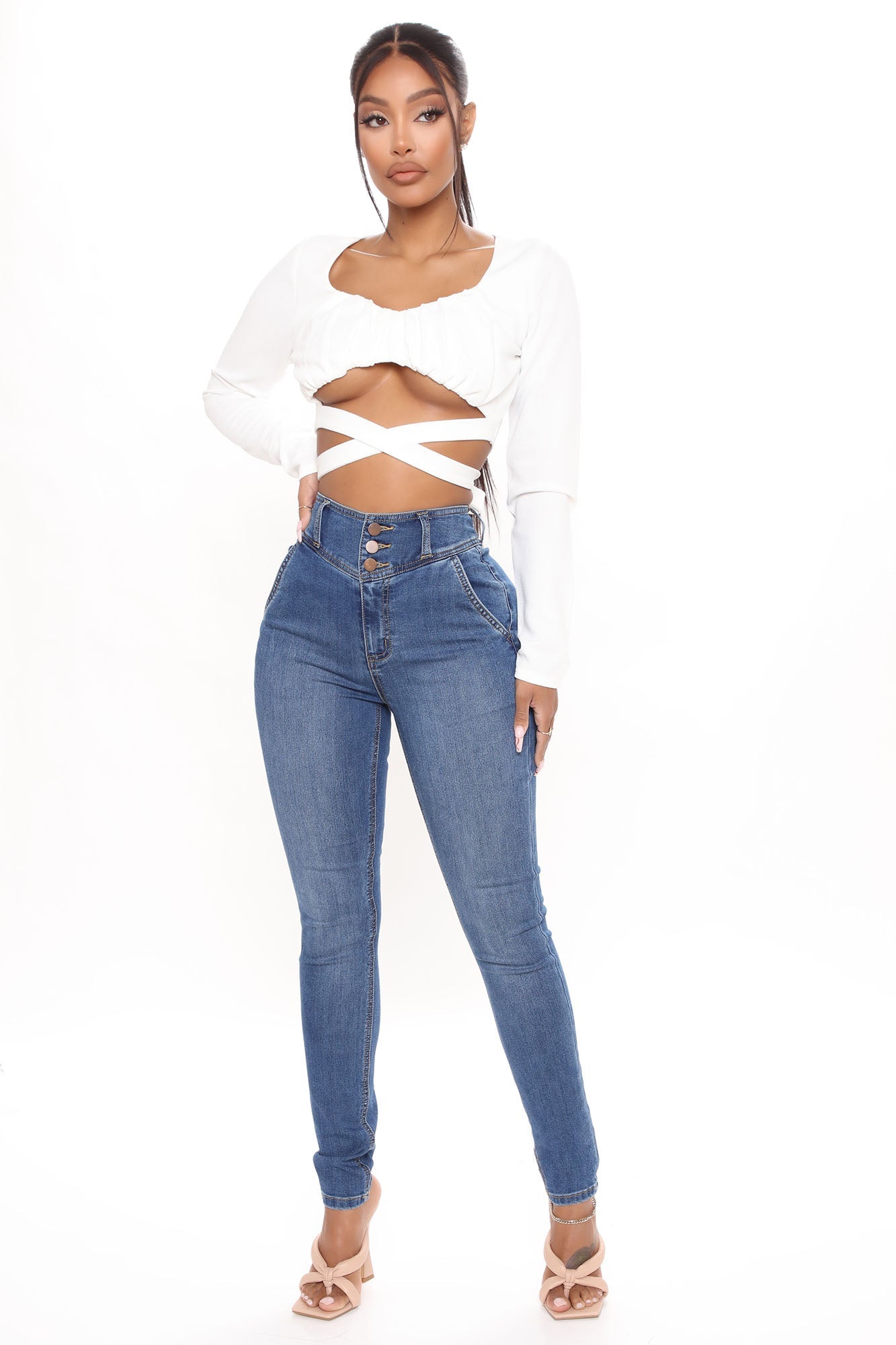 Memphis Exposed Button Skinny Jeans - Medium Blue Wash – InsStreet
