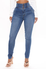 Memphis Exposed Button Skinny Jeans - Medium Blue Wash Ins Street