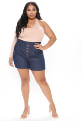 Alaina Paperbag Waist Denim Shorts - Dark Denim Ins Street