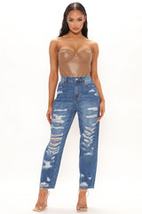 After Party High Waist Destroyed Mom Jeans - Dark Wash Ins Street