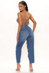 After Party High Waist Destroyed Mom Jeans - Dark Wash Ins Street