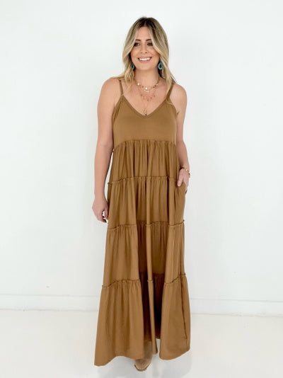 New Colors - Zenana V-Neck Cami Maxi Tiered Dress with Side Pockets Kiwidrop