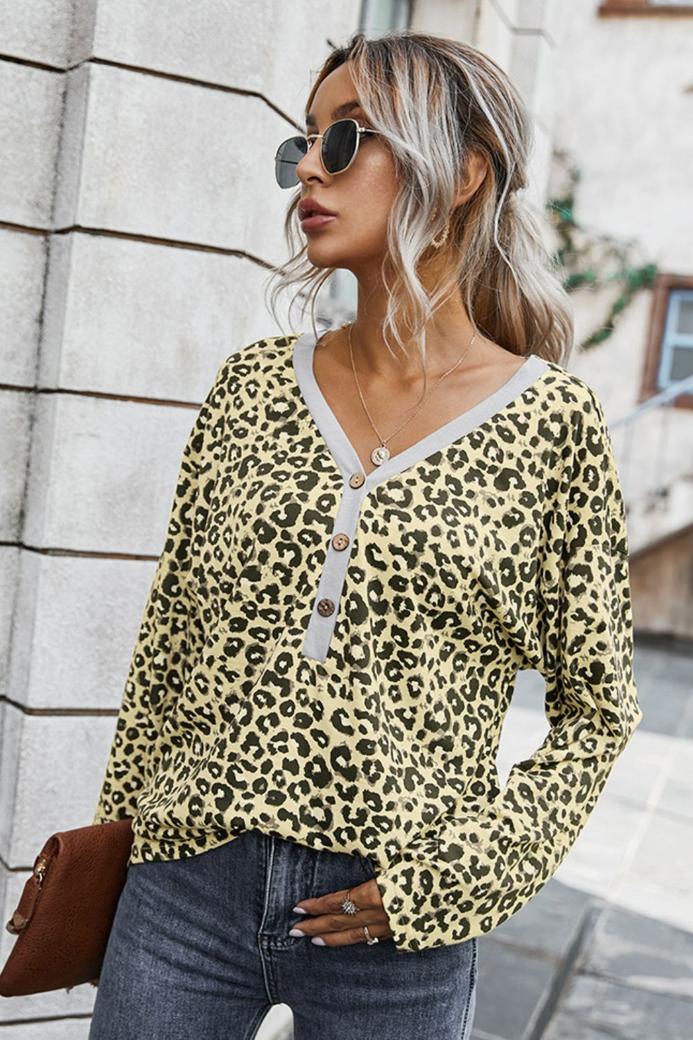 Leopard Buttoned Contrast Trim Top Ins Street