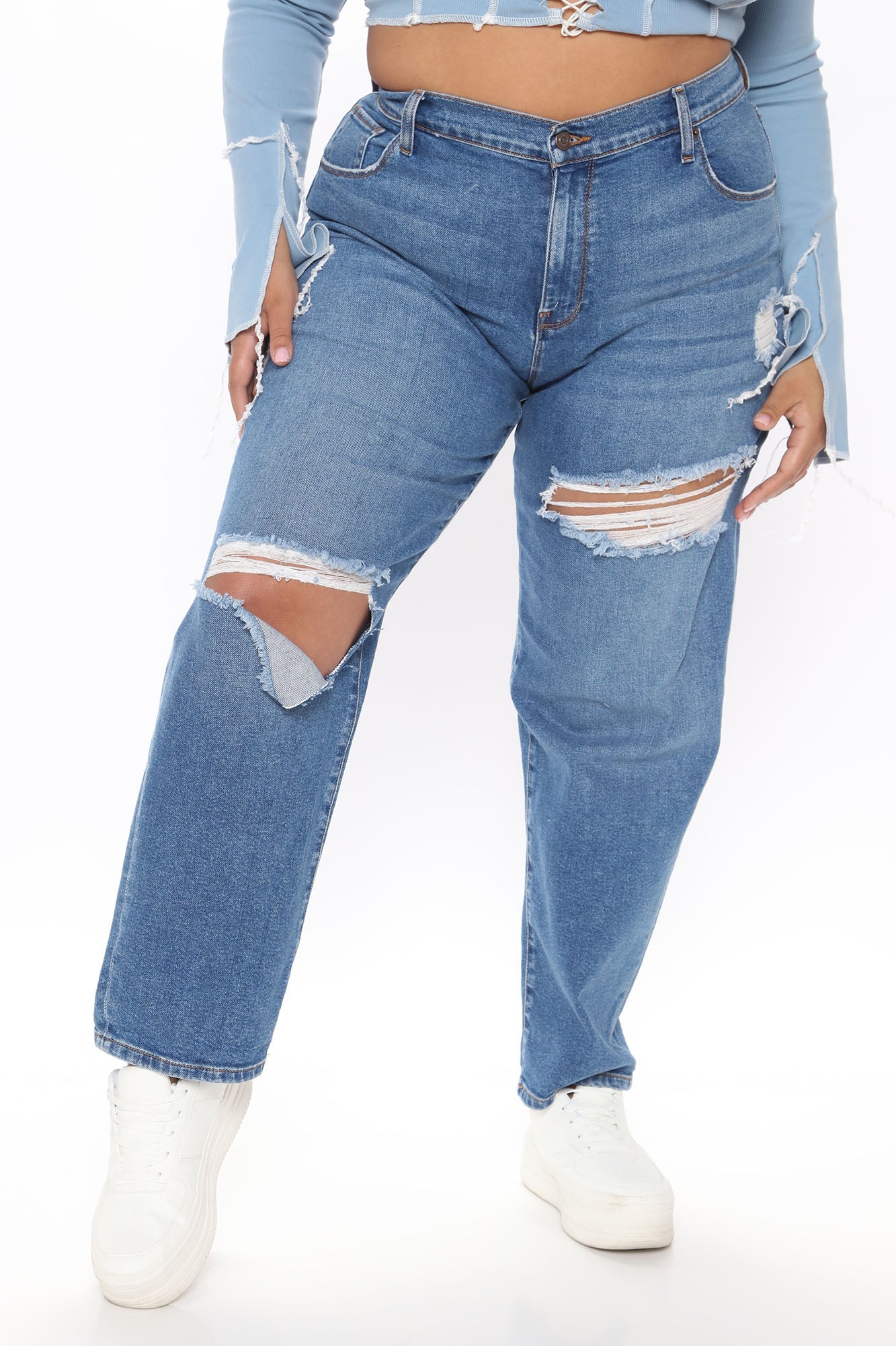 Hometown Cutie Destroyed Mom Jeans - Medium Blue Wash Ins Street