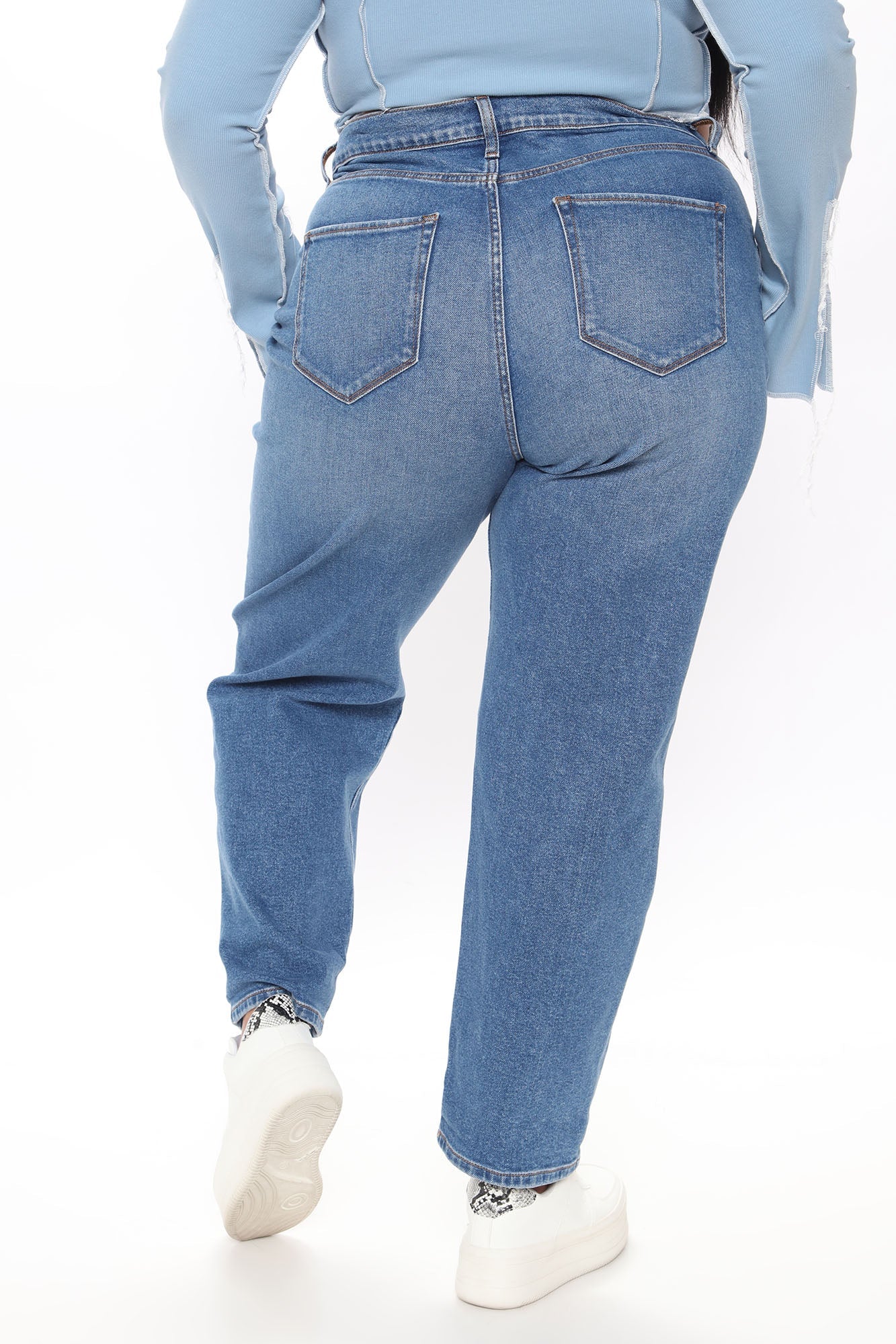 Hometown Cutie Destroyed Mom Jeans - Medium Blue Wash Ins Street