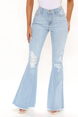 Perfect Day Ripped High Rise Flare Jeans - Light Blue Wash Ins Street