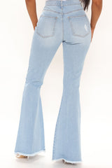 Perfect Day Ripped High Rise Flare Jeans - Light Blue Wash Ins Street