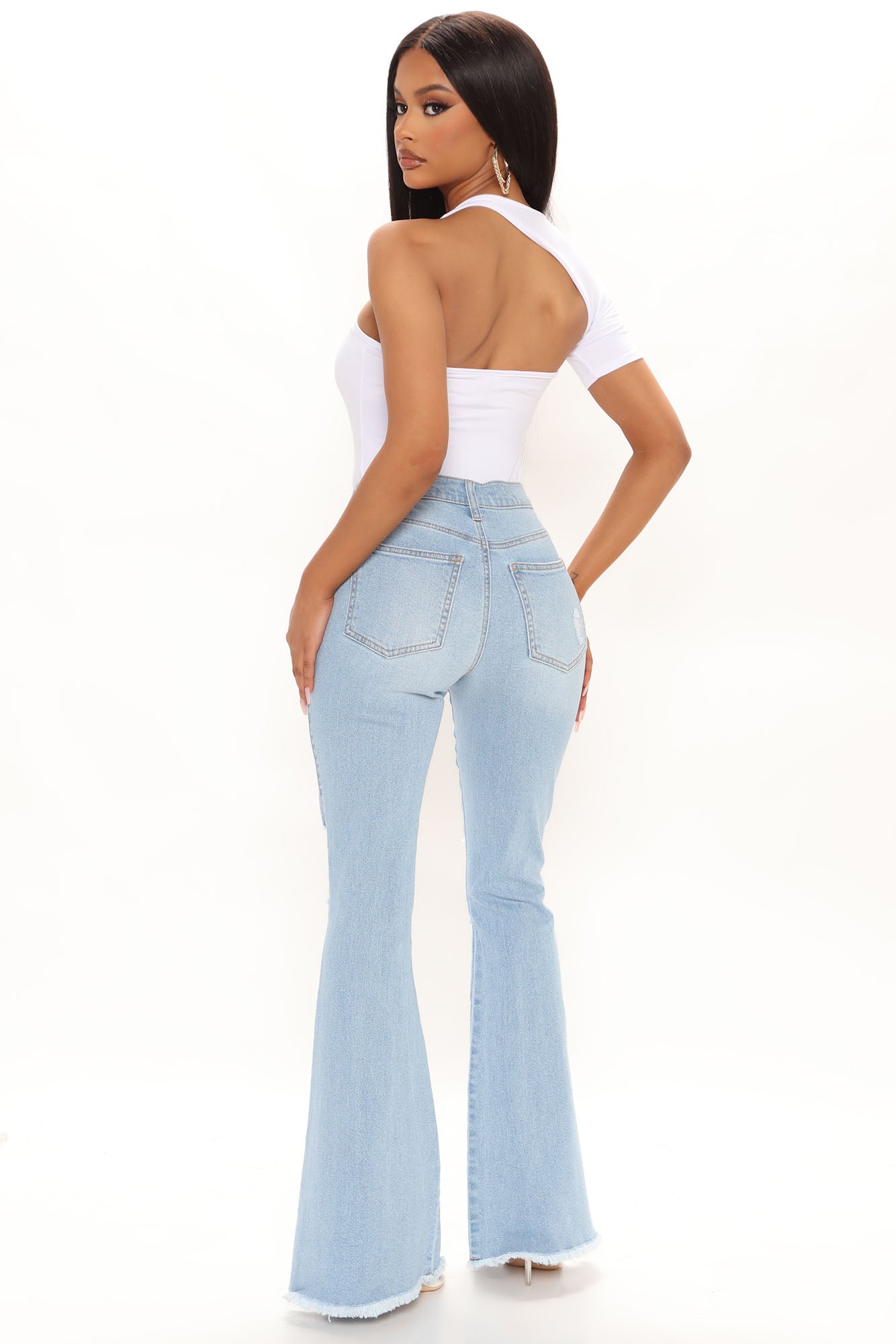 Perfect Day Ripped High Rise Flare Jeans - Light Blue Wash Ins Street