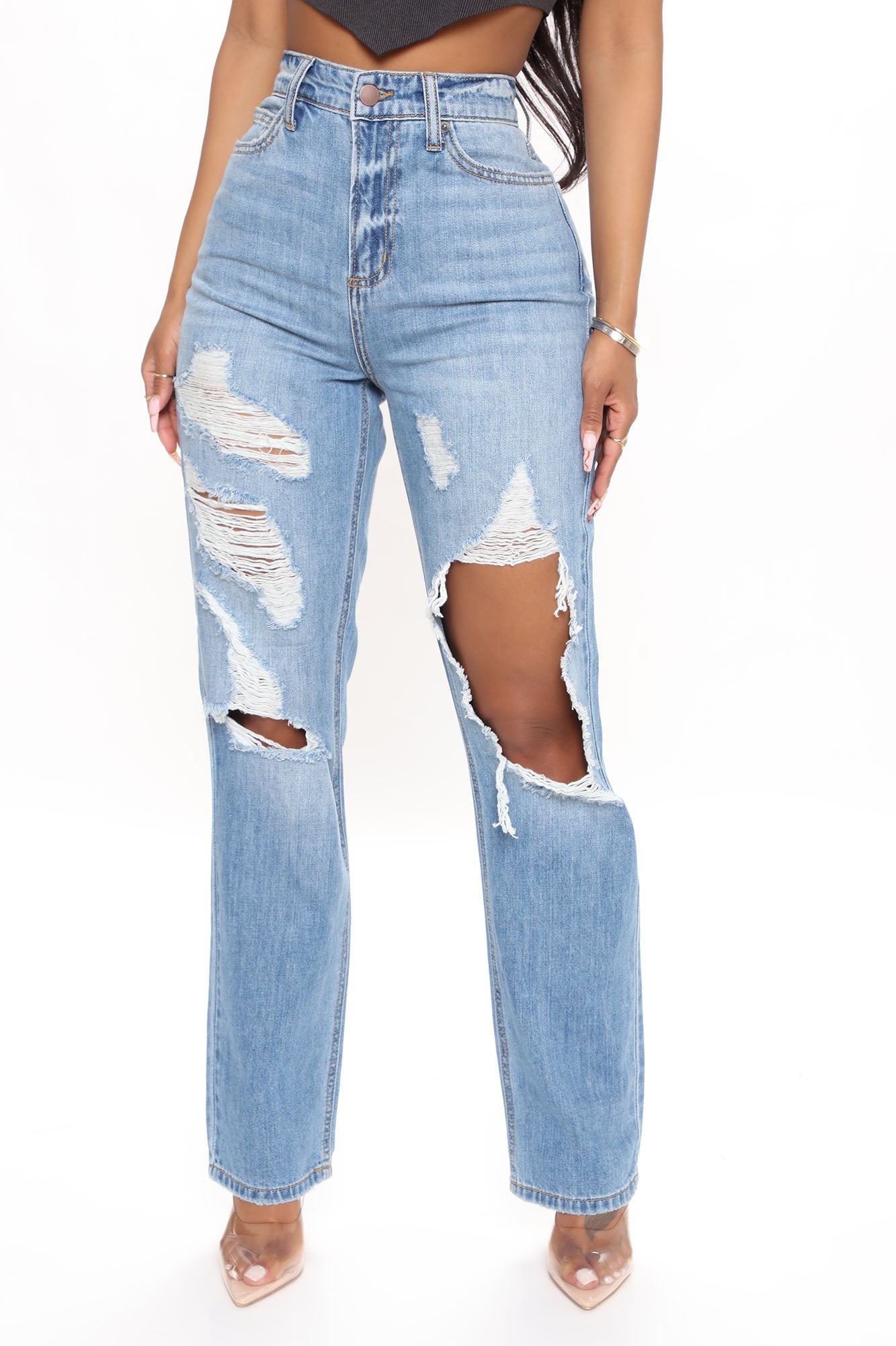 Can't Tell You Non Stretch Destroyed Jeans - Medium Blue Wash Ins Street