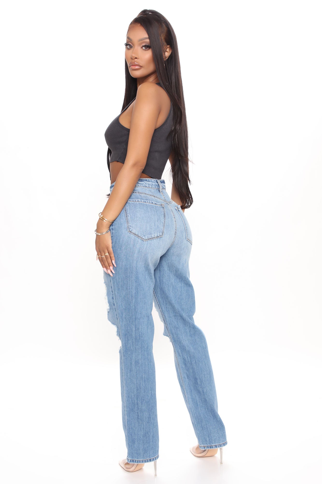 Can't Tell You Non Stretch Destroyed Jeans - Medium Blue Wash Ins Street