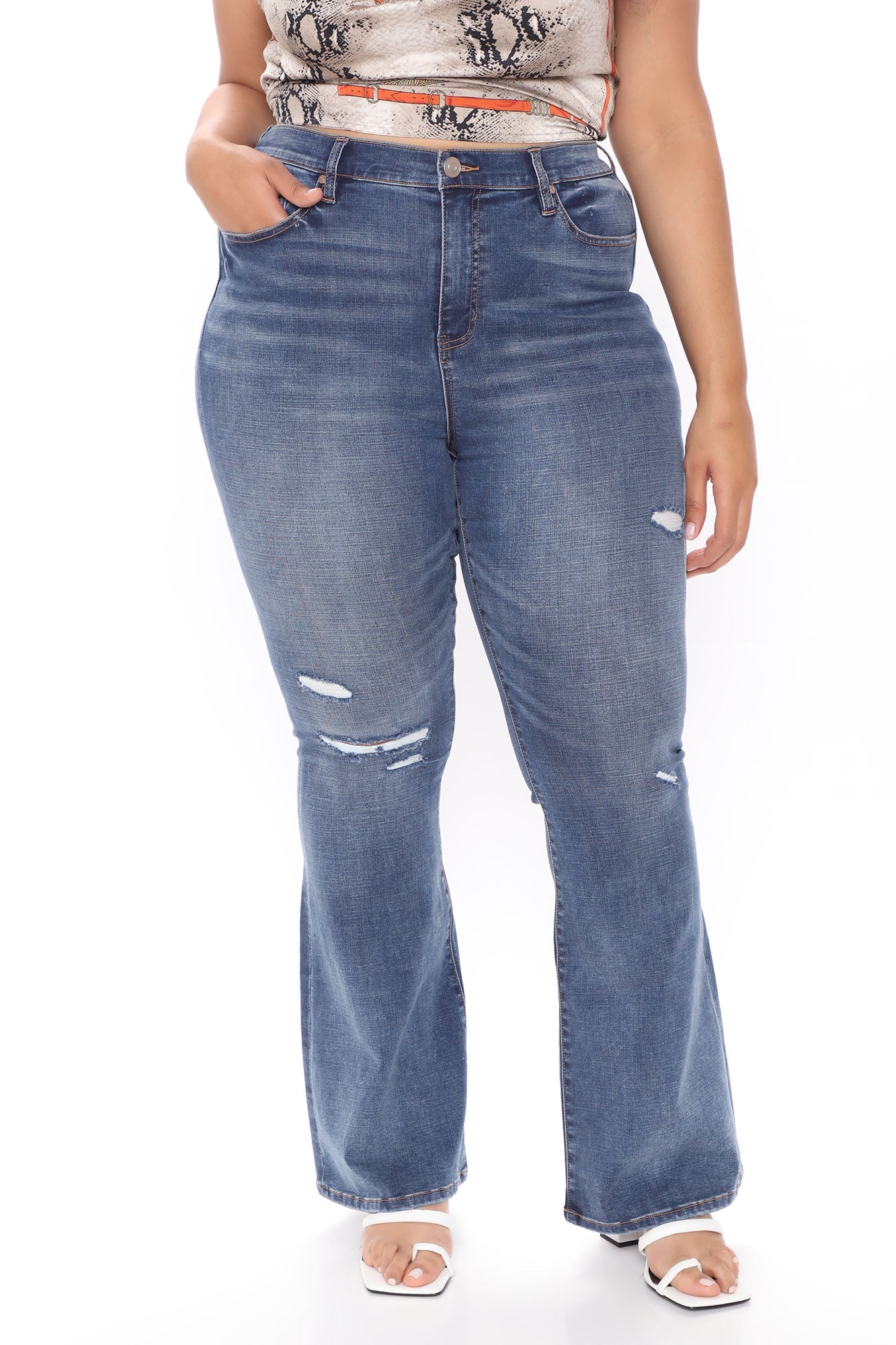 Do Yourself A Favor Ripped Flare Jeans - Medium Blue Wash Ins Street