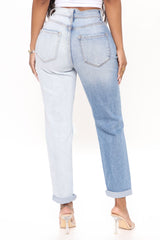 Double Vision Two Tone Mom Jeans - Blue/combo Ins Street