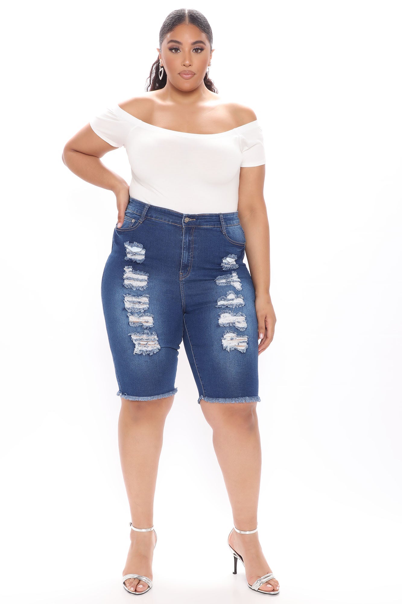 See Me Now Distressed Bermuda Shorts - Medium Blue Wash Ins Street