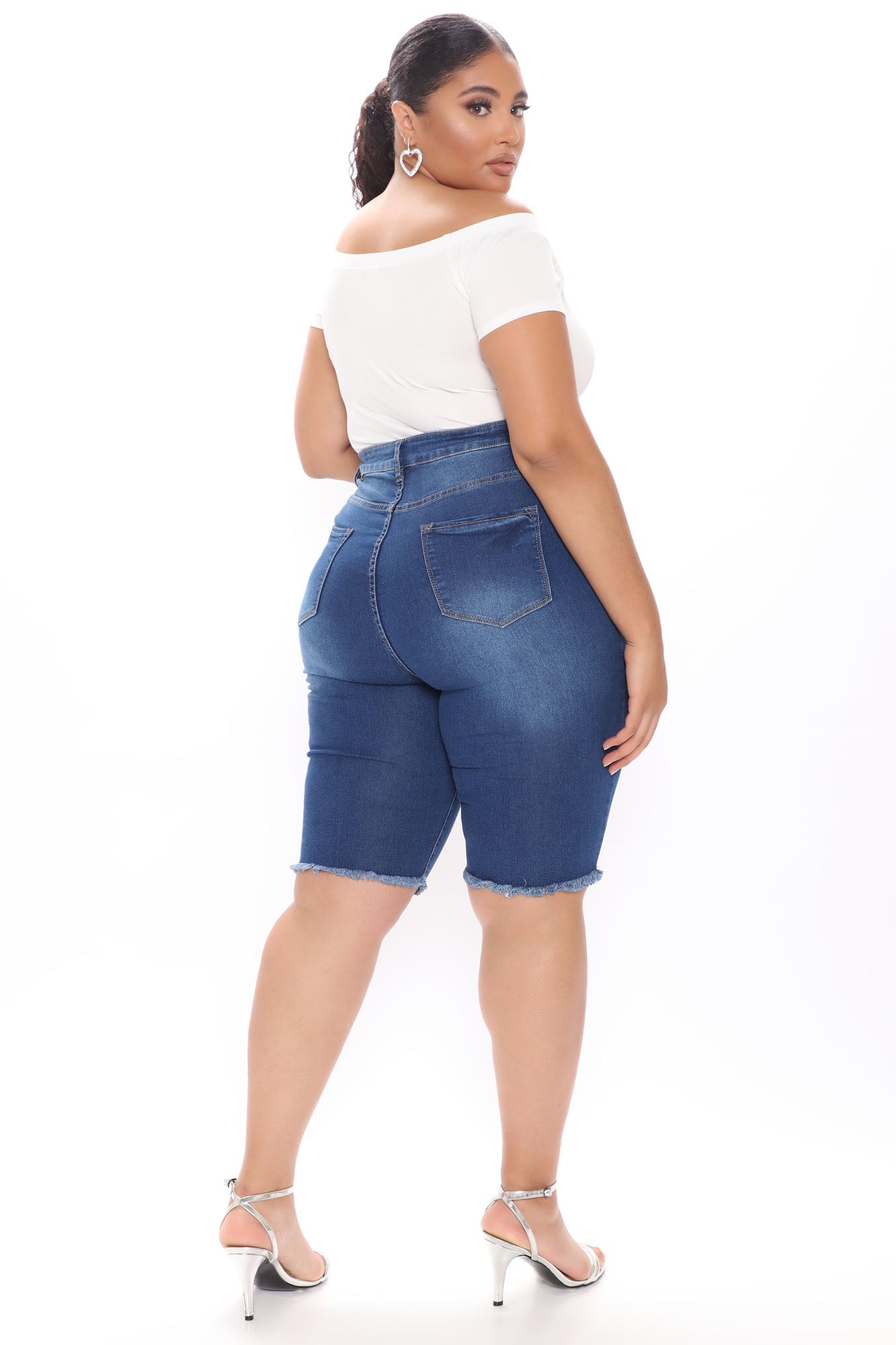See Me Now Distressed Bermuda Shorts - Medium Blue Wash Ins Street