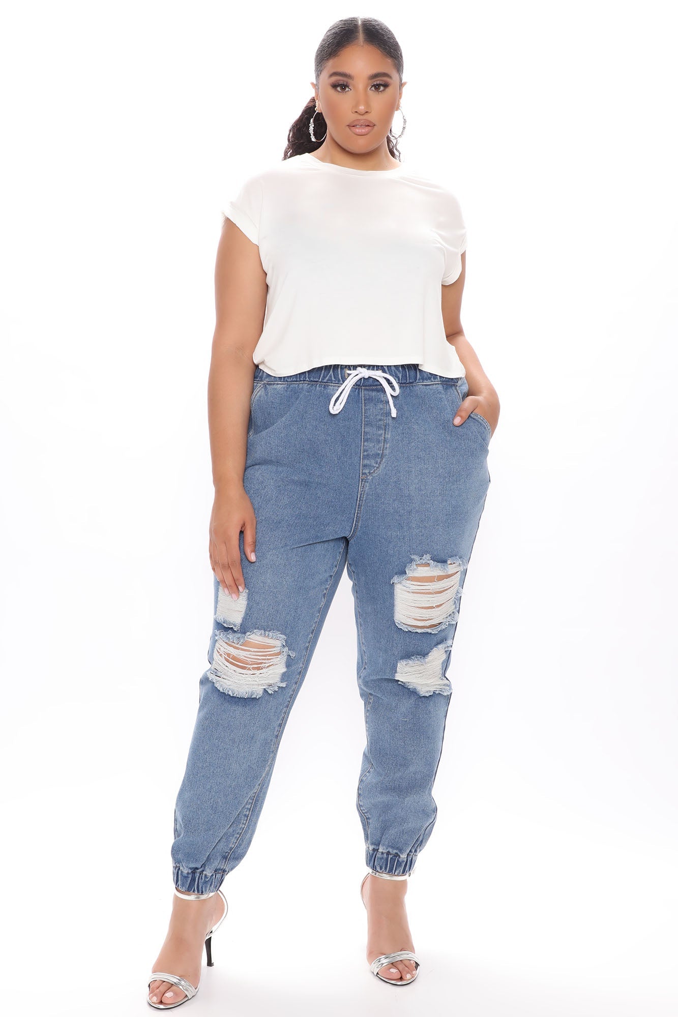 Take The Lead Ripped Denim Joggers - Medium Blue Wash Ins Street