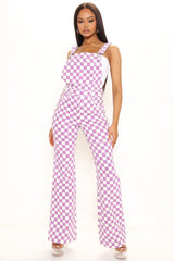 Give And Chase Flare Stretch Check Overalls - Purple/combo Ins Street