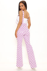 Give And Chase Flare Stretch Check Overalls - Purple/combo Ins Street