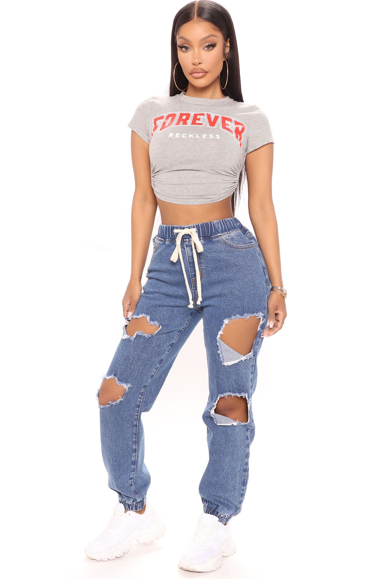 Rock With It Destroyed Denim Joggers - Medium Blue Wash Ins Street