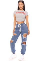 Rock With It Destroyed Denim Joggers - Medium Blue Wash Ins Street