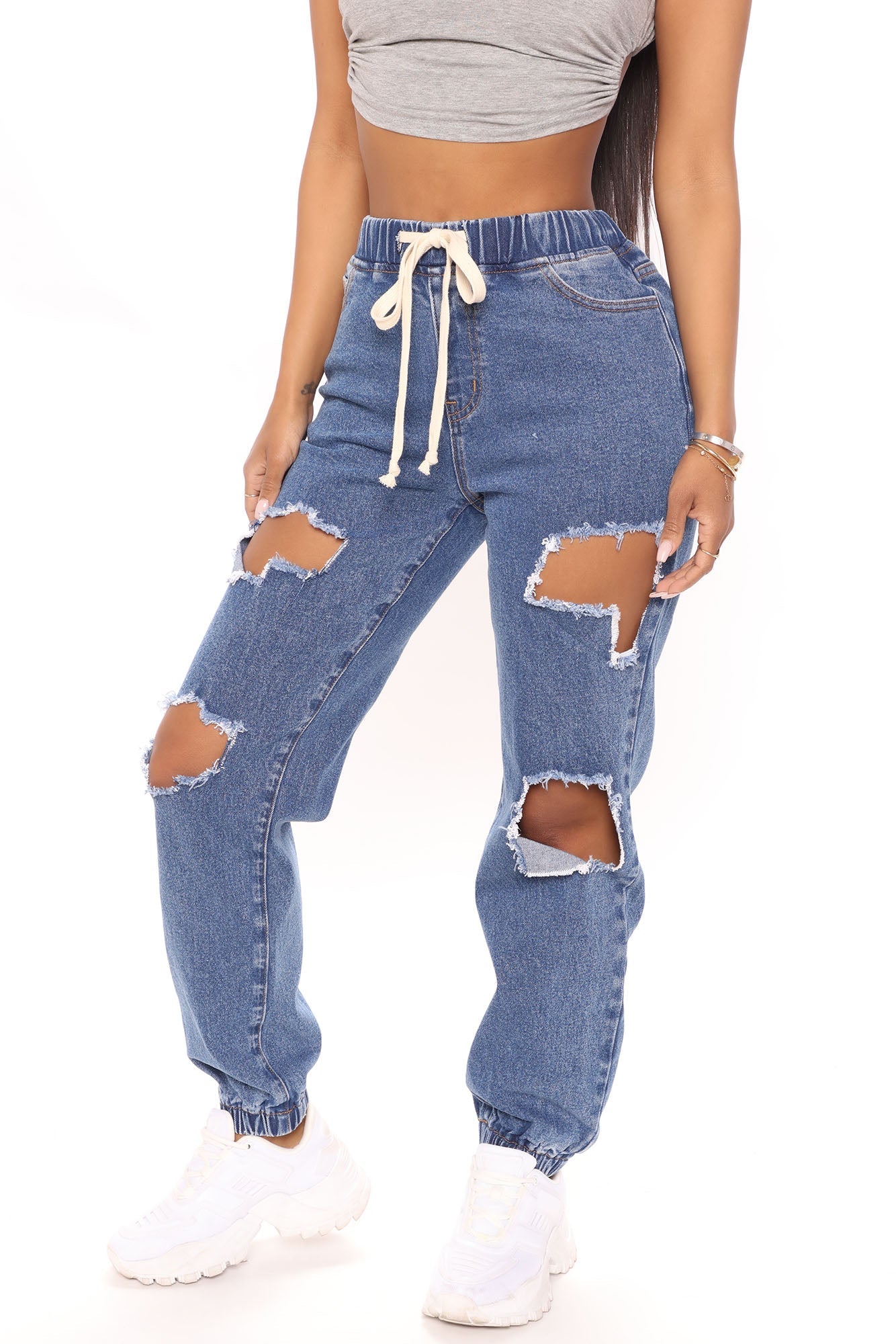 Rock With It Destroyed Denim Joggers - Medium Blue Wash Ins Street