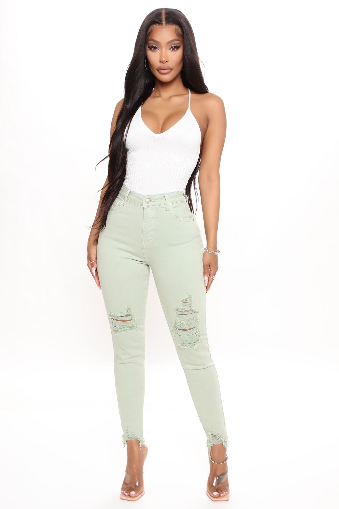 Feel My Vibe Ripped Skinny Jeans - Sage Ins Street