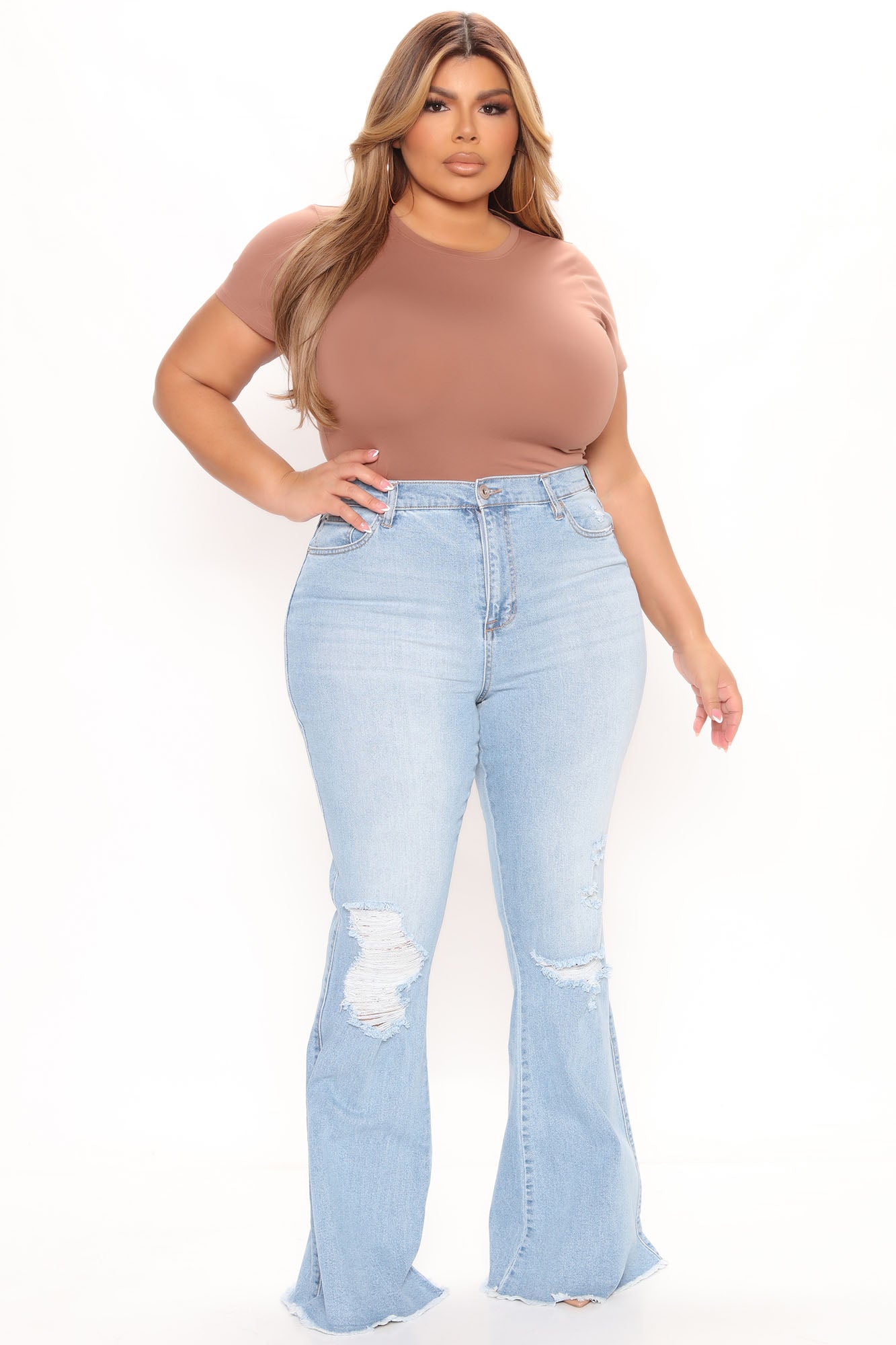 Perfect Day Ripped High Rise Flare Jeans - Light Blue Wash Ins Street