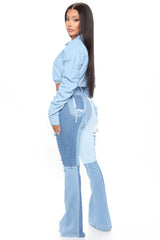 Two Timing High Rise Distressed Flare Jeans - Medium Blue Wash Ins Street
