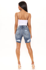 Call Me Stretch Denim Bermuda Shorts - Medium Blue Wash Ins Street