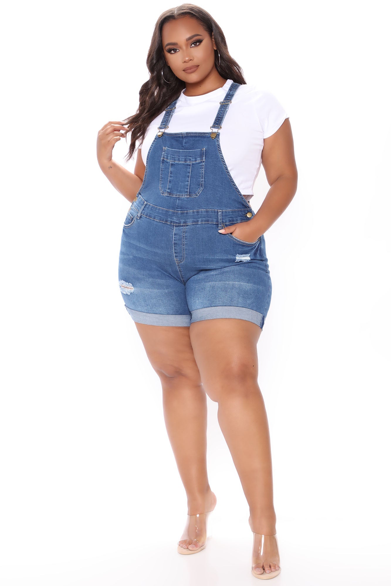 Waitin' On You Distressed Denim Shortalls - Medium Blue Wash Ins Street
