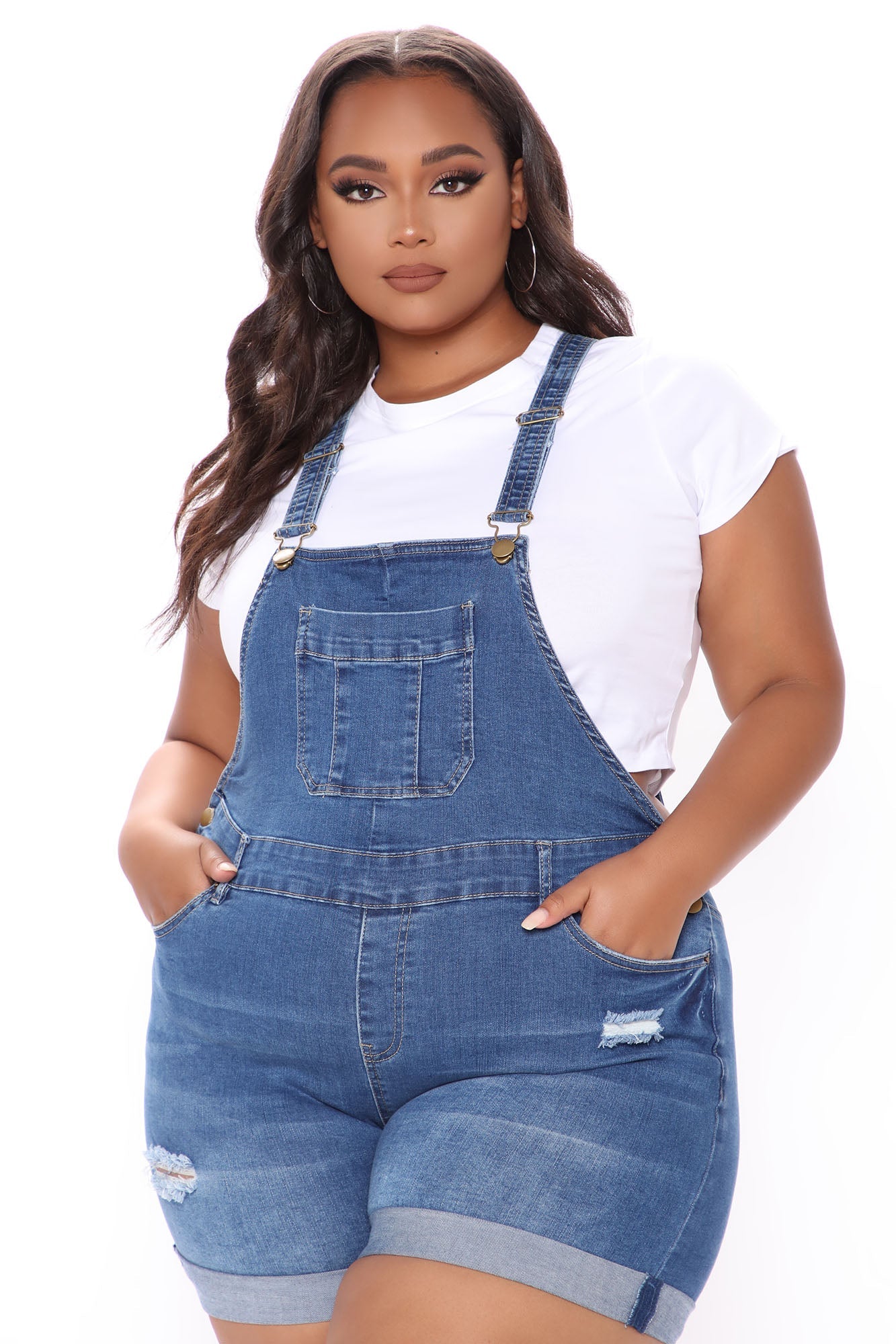 Waitin' On You Distressed Denim Shortalls - Medium Blue Wash Ins Street