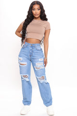 Get It Together Destroyed Boyfriend Jeans - Medium Blue Wash Ins Street