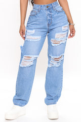 Get It Together Destroyed Boyfriend Jeans - Medium Blue Wash Ins Street